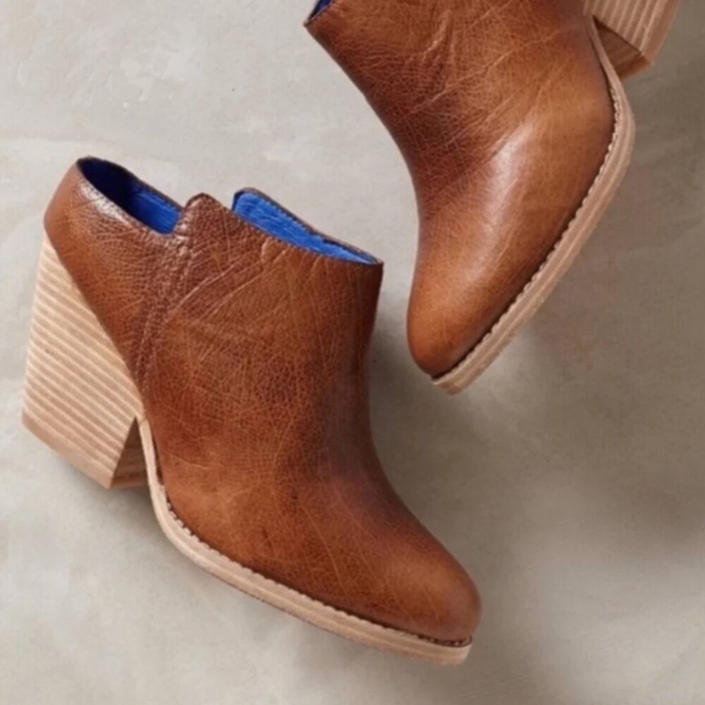 JEFFREY CAMPBELL Ankle Boots Size 9 Ibiza Last Vinton Brown Leather Stack Heel M